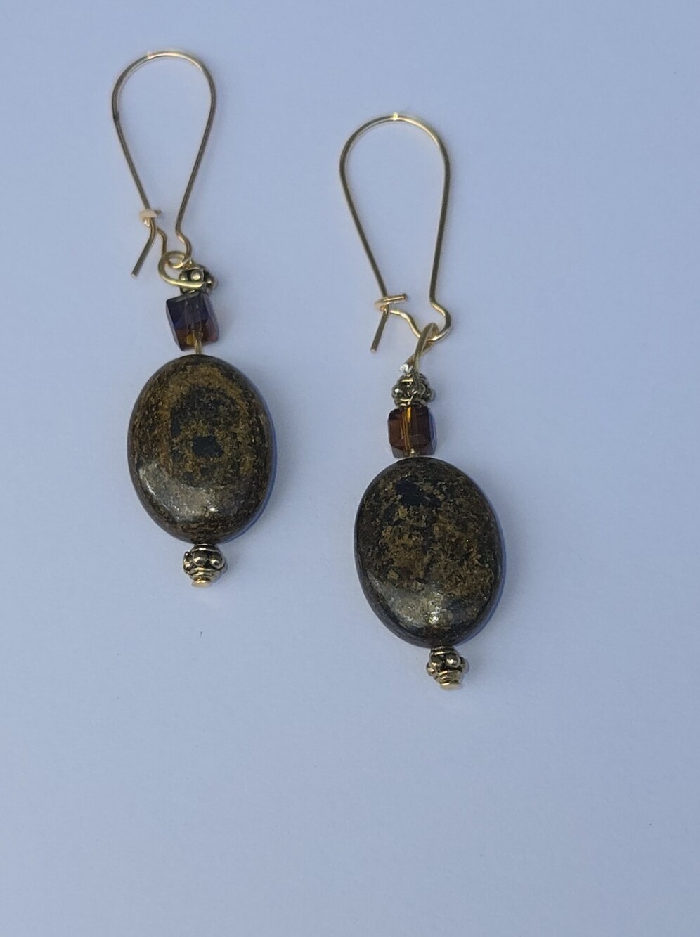 Gold-Tone Bronzite Brown Oval Stone Drop Earrings Hand Made Stainless Steel